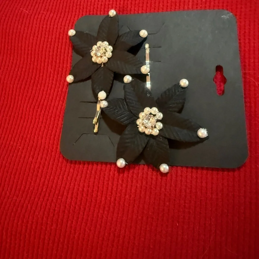 Black Floral Hair Pin with Pearl Accents